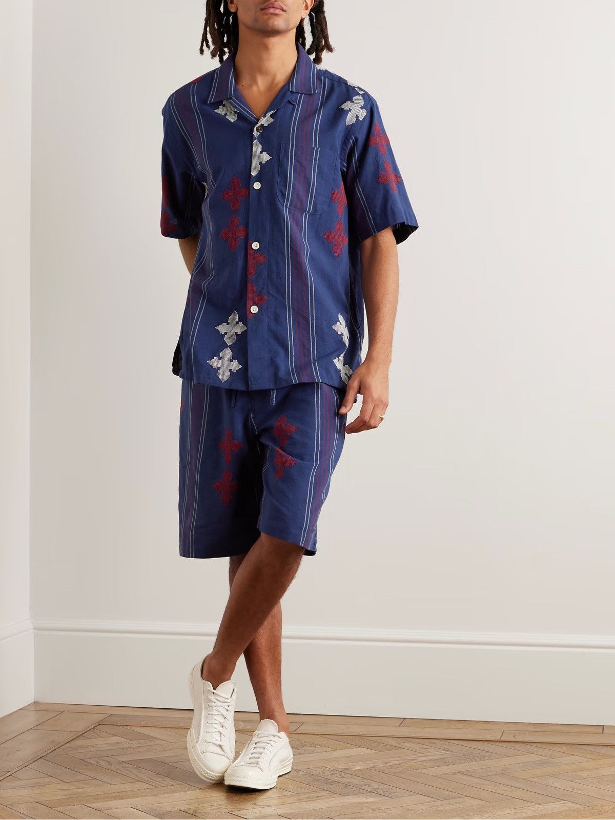 Kardo Kardo Convertible-Collar Embroidered Striped Cotton Shirt Size US L / EU 52-54 / 3 - 9 Thumbnail
