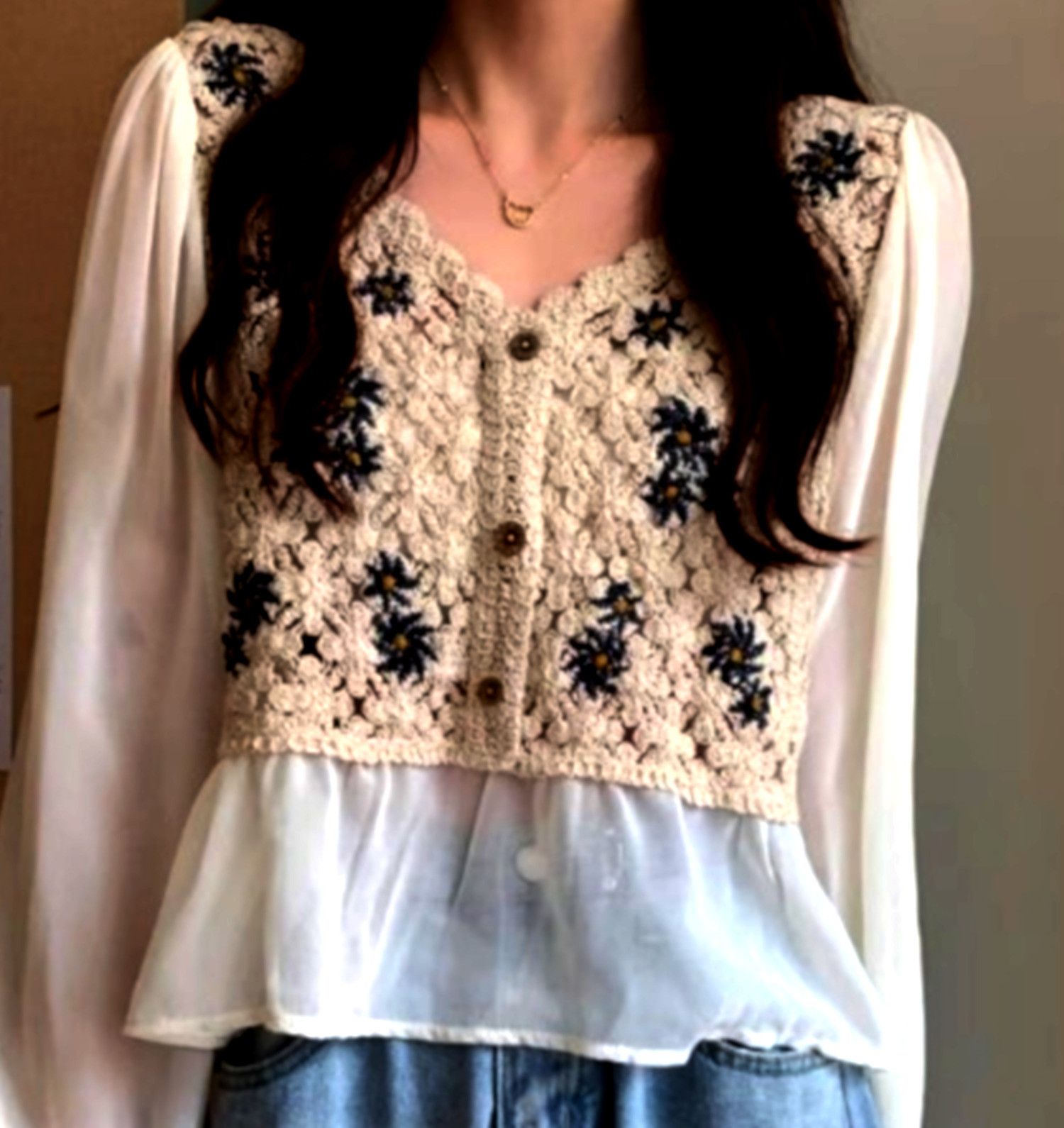 Designer × Japanese Brand × Vintage Vintage Boho Chiffon Patchwork Embroidery Ruffle Blouse Rave Size ONE SIZE - 3 Thumbnail