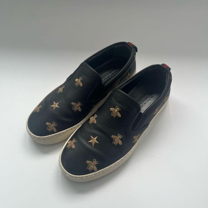 Gucci Gucci Black Leather Slip-On Sneakers with Bee Embroidery Size US 5.5 / EU 38 - 1 Thumbnail