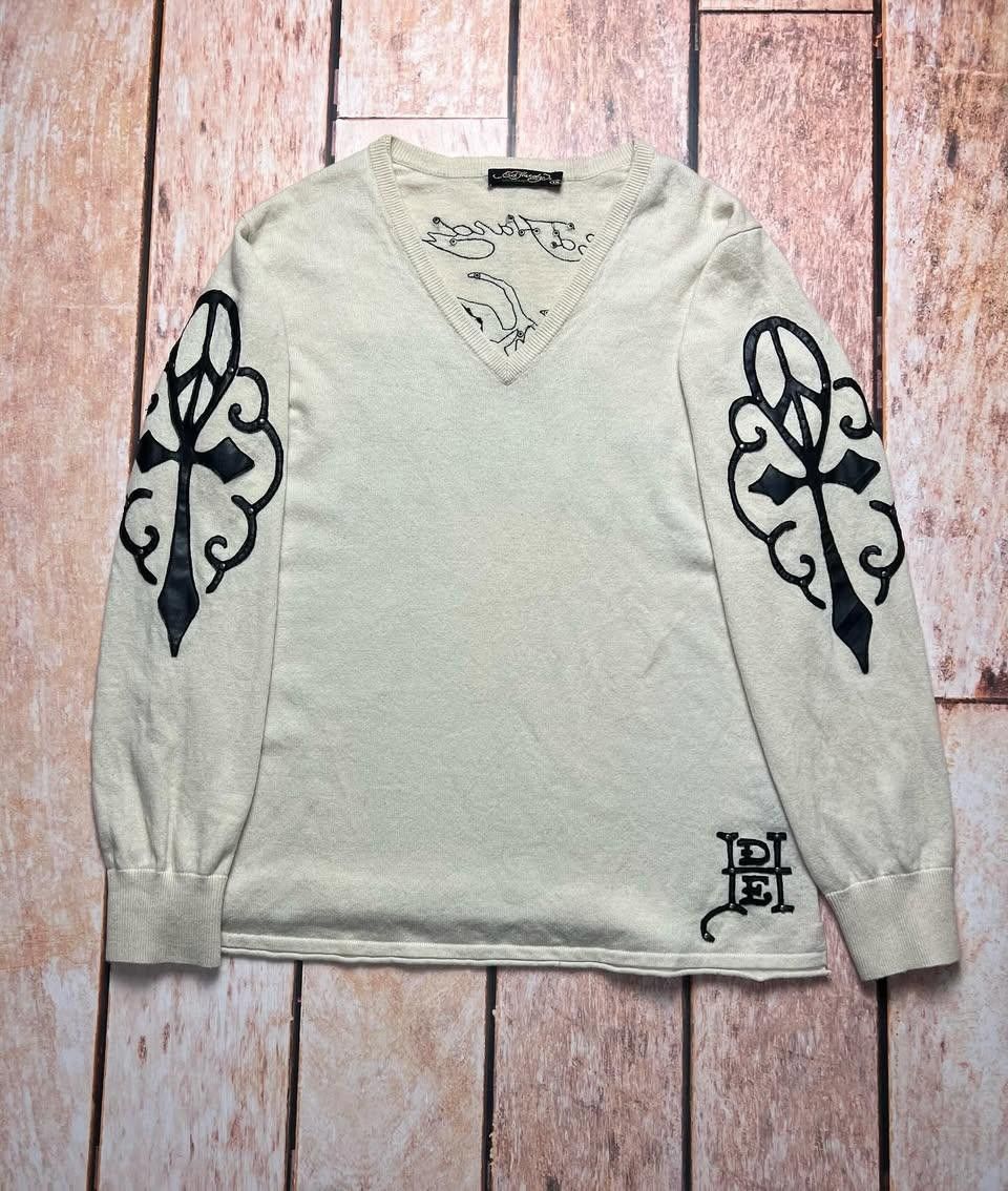 Vintage Ed Hardy Woolen Sweater with Black Leather Details
