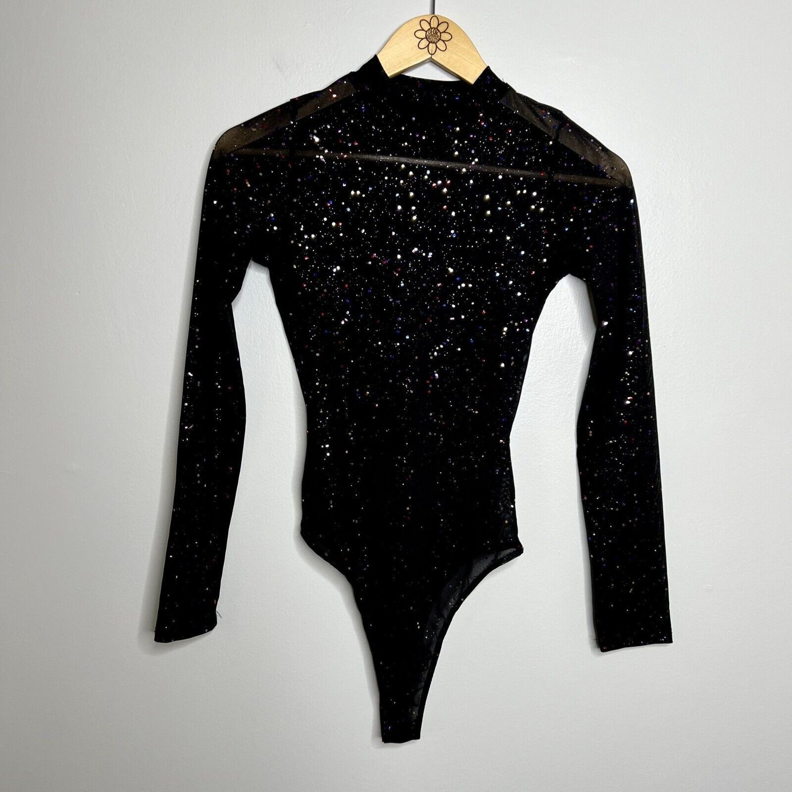 Other Lulus Black Sequined Long Sleeve Mesh Bodysuit Size XS / US 0-2 / IT 36-38 - 4 Thumbnail