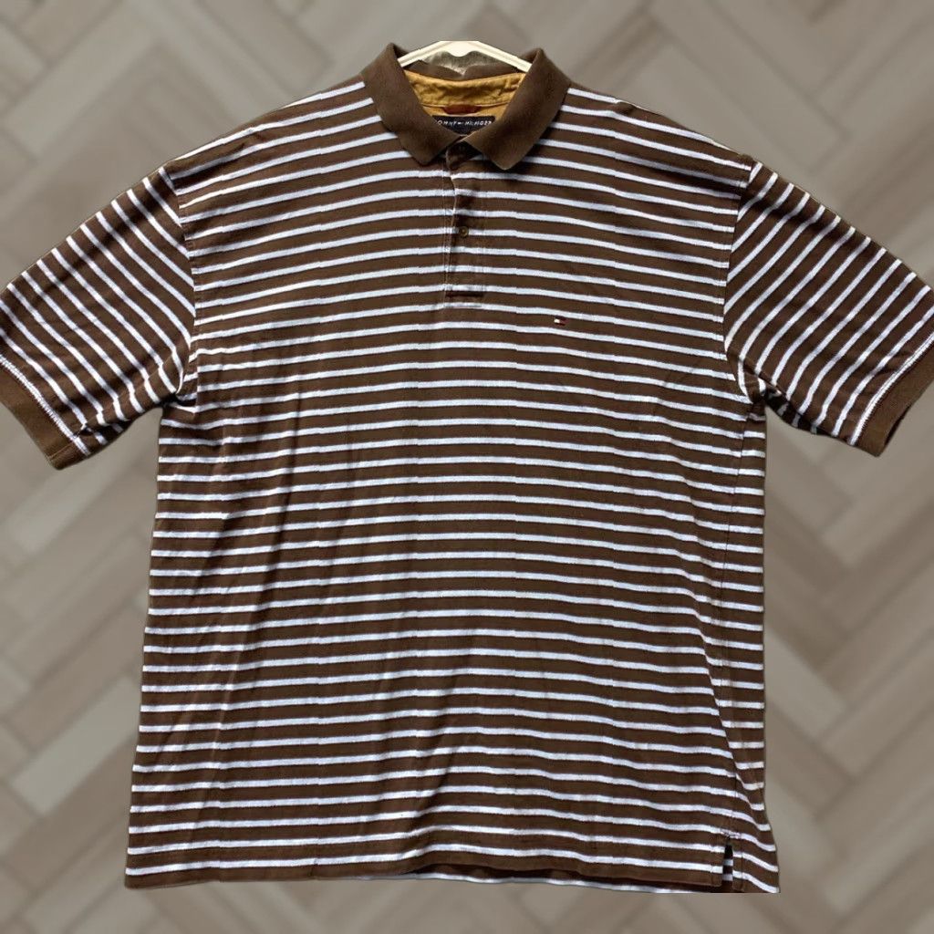 Tommy Hilfiger TOMMY HILFIGER Polo Shirt Mens 2XL Brown Striped Short Sleeve Casual Preppy Golf Size US XXL / EU 58 / 5 - 1 Thumbnail