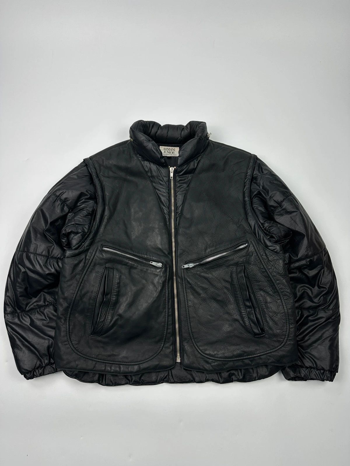 Armani Armani 90’s Black Leather & Nylon Puffer Bomber Jacket Size US M / EU 48-50 / 2 - 1 Thumbnail