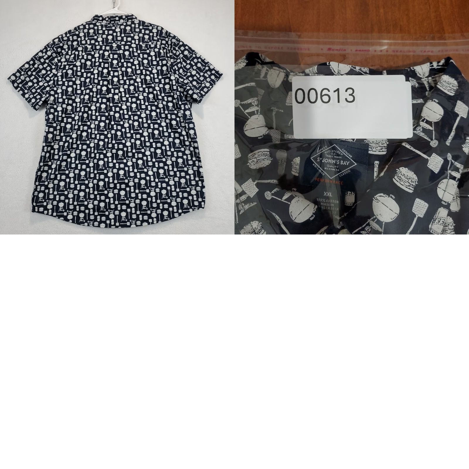 Vintage St. John's Bay Shirt Mens XXL Button-Up Navy Print Comfort Stretch BBQ Grilling Short Sleeve Casual Regular Fit Collared 100% Cotton Size US XXL / EU 58 / 5 - 8 Thumbnail