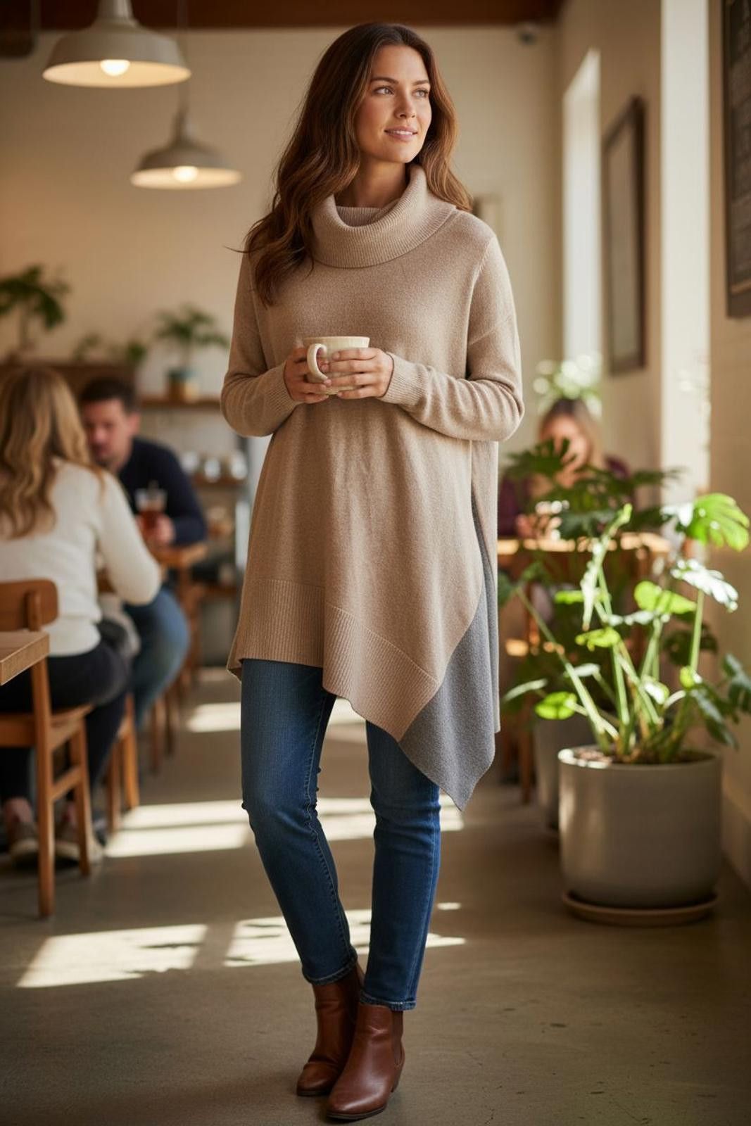 Chicos Chico's Asymmetrical Cowl Neck Sweater in Beige and Gray Size XS / US 0-2 / IT 36-38 - 2 Thumbnail