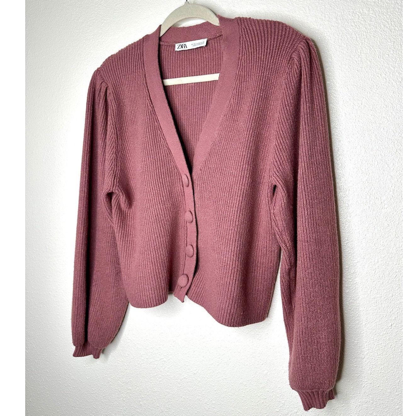 Zara ZARA Mauve Balloon Sleeve VNeck Cropped Button Cardigan M Size M / US 6-8 / IT 42-44 - 2 Thumbnail