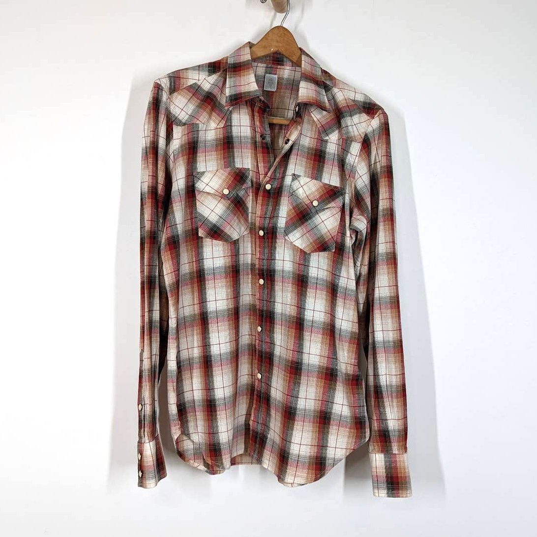 image of Eleventy Textured Plaid Cotton Western Snap Up Shirt Medium, Men's