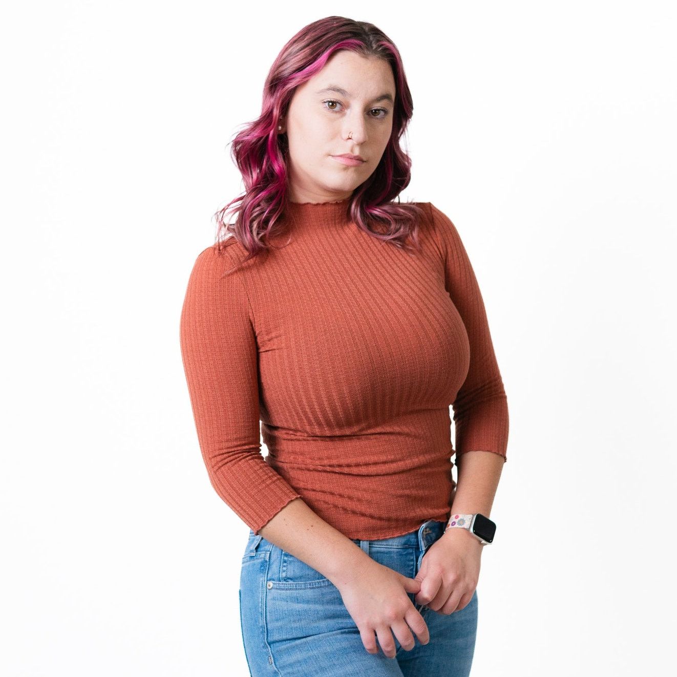 Designer Salmon Frilly Hem Ribbed 3/4 Sleeve Top Size S / US 4 / IT 40 - 1 Thumbnail