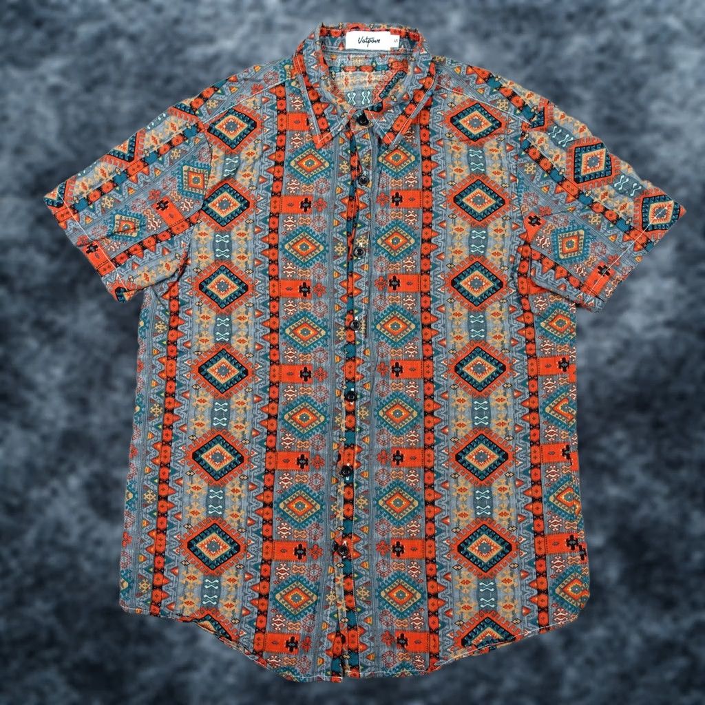 Vintage Vatpave Shirt Mens Small Blue Aztec Southwestern Tribal Geometric Button Up VTG Size US S / EU 44-46 / 1 - 1 Thumbnail