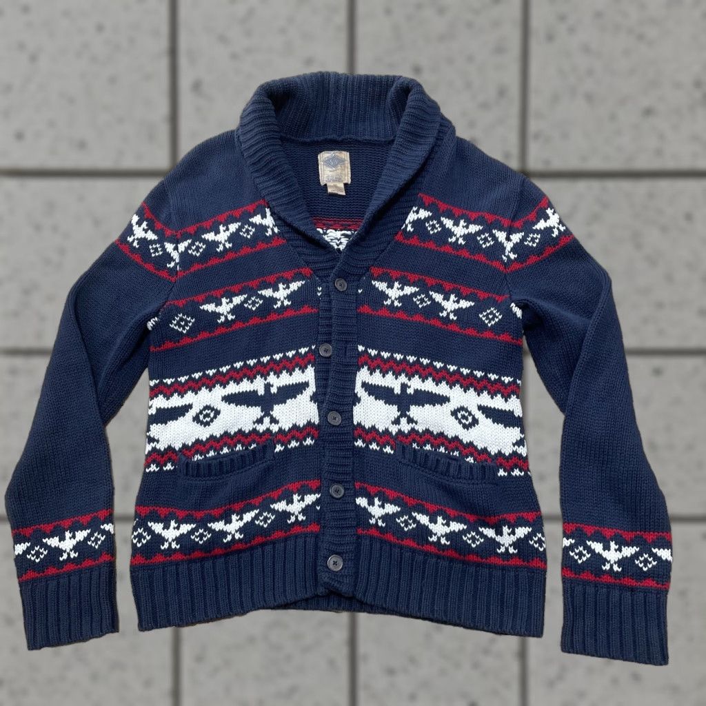 Salt Valley Cardigan Sweater L Blue Red White Cotton Knit Shawl Collar Casual Mens 90s Lebowski Aztec Fair Isle Pockets