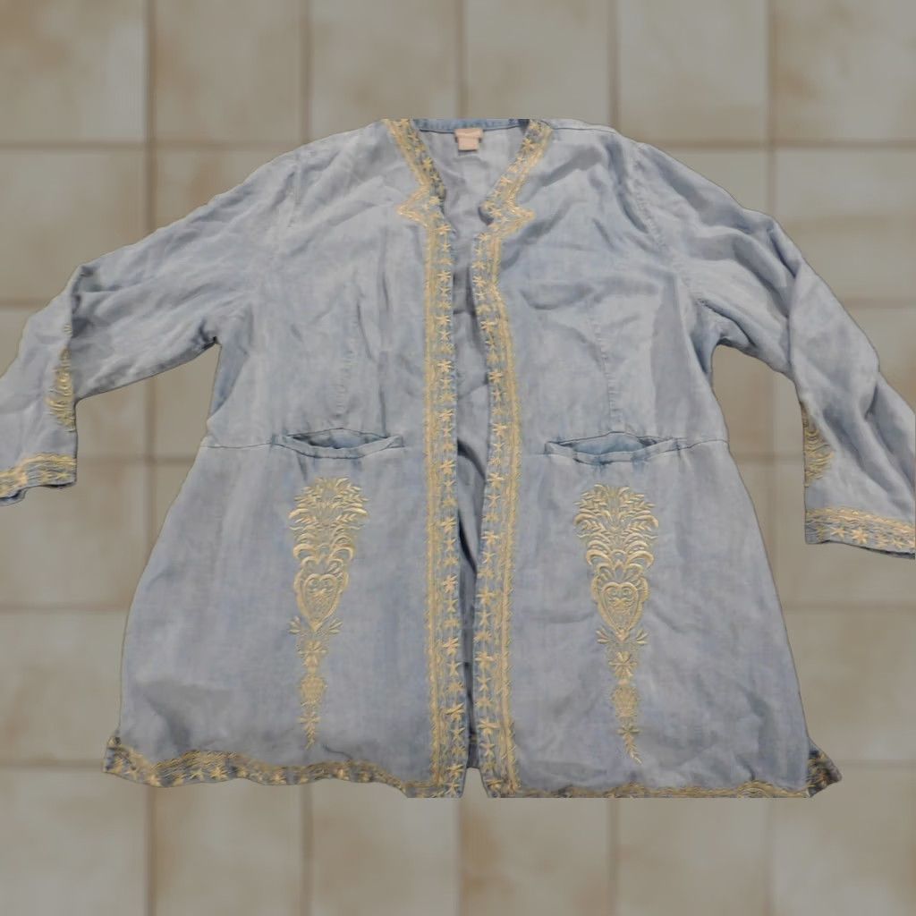 Vintage Chicos Womens Denim Kimono Blouse Open Crew Neck Long Sleeve Blue 3 Regular Cotton Denim Size XS / US 0-2 / IT 36-38 - 1 Thumbnail