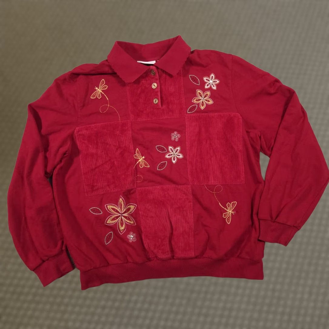 Vintage Alfred Dunner Sweater Womens Large Red Collared Floral Embroidered Knit Pullover Size L / US 10 / IT 46 - 1 Thumbnail