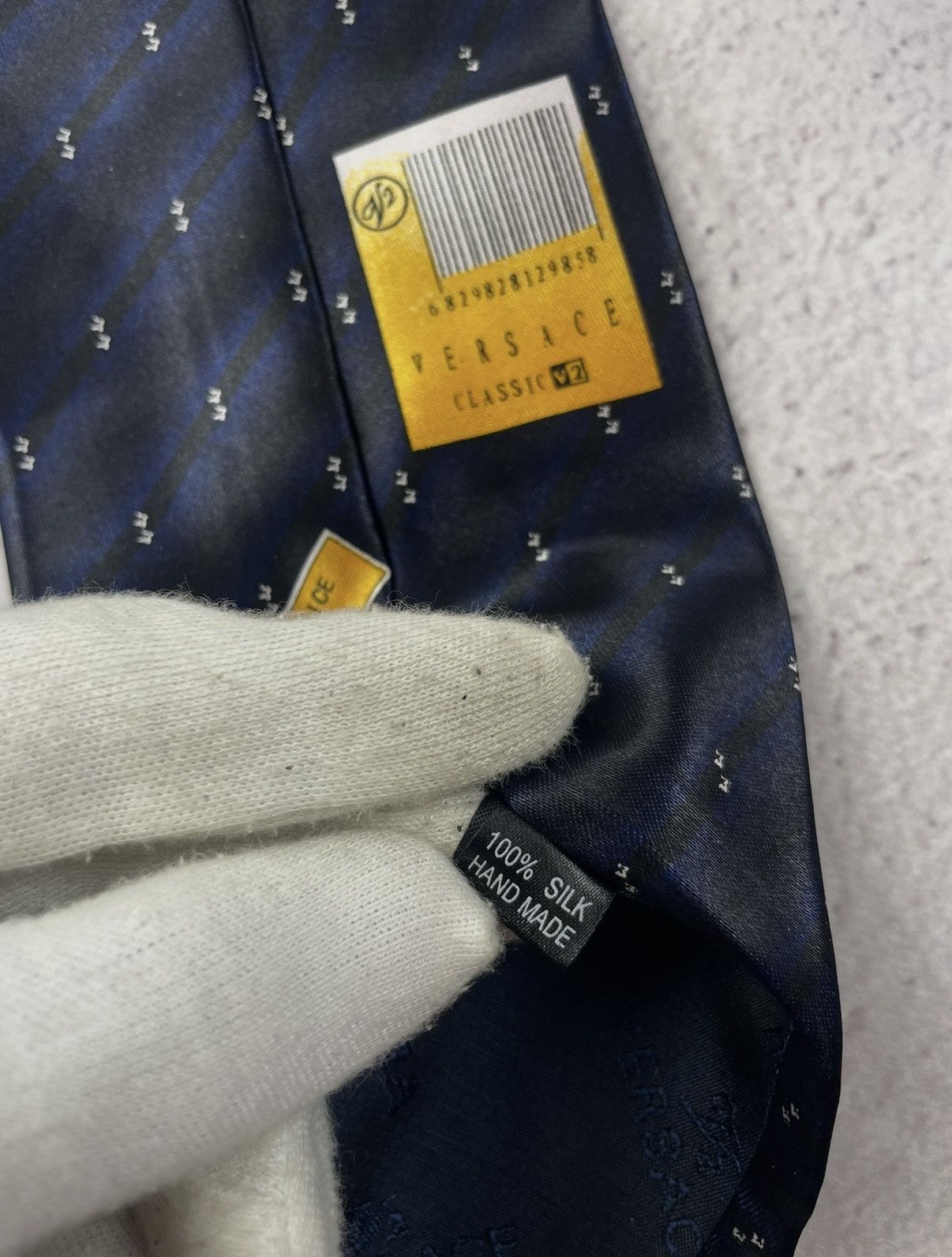 Versace Versace Classic V2 Silk Tie Navy Blue Striped Pattern Hand Size ONE SIZE - 7 Thumbnail