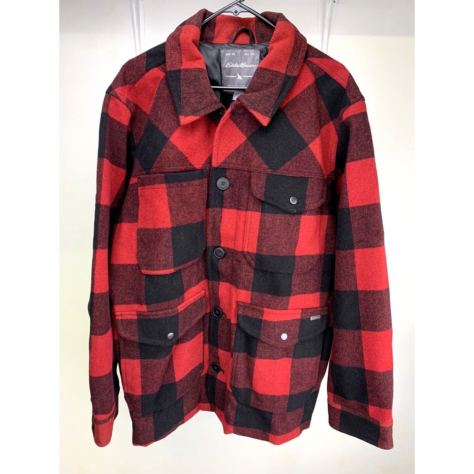 image of Eddie Bauer Bulman Creek Forester Wool Coat Red Check, Men's (Size XL)