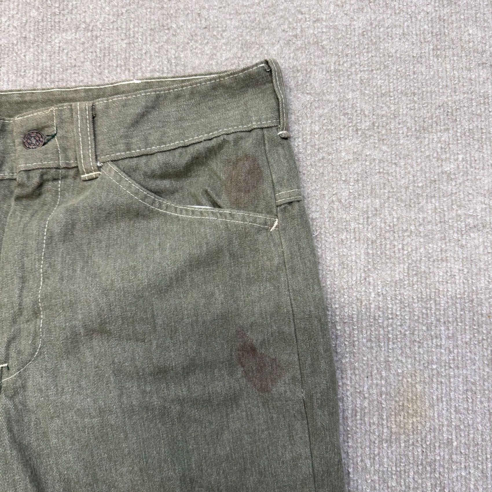 Denime VINTAGE Green Denim Jeans Mens 31x26 Zipper Fly Distressed Straight Leg Size US 31 - 3 Thumbnail