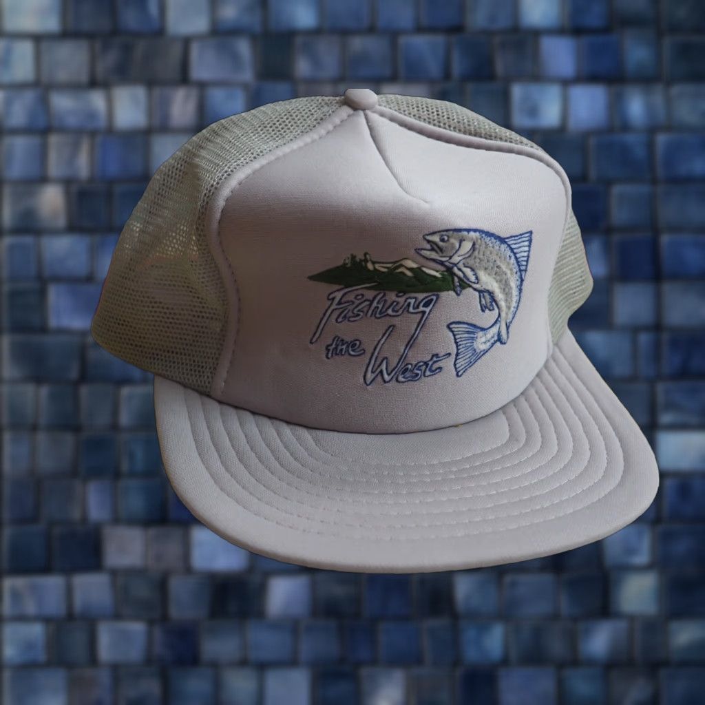 Vintage VTG 90s PNW Northwest Fishing Salmon Gray Trucker Hat Snapback Cap OSFM Adjustable Gray Trucker Cap Mens Womens Boys Girls Size ONE SIZE - 1 Thumbnail