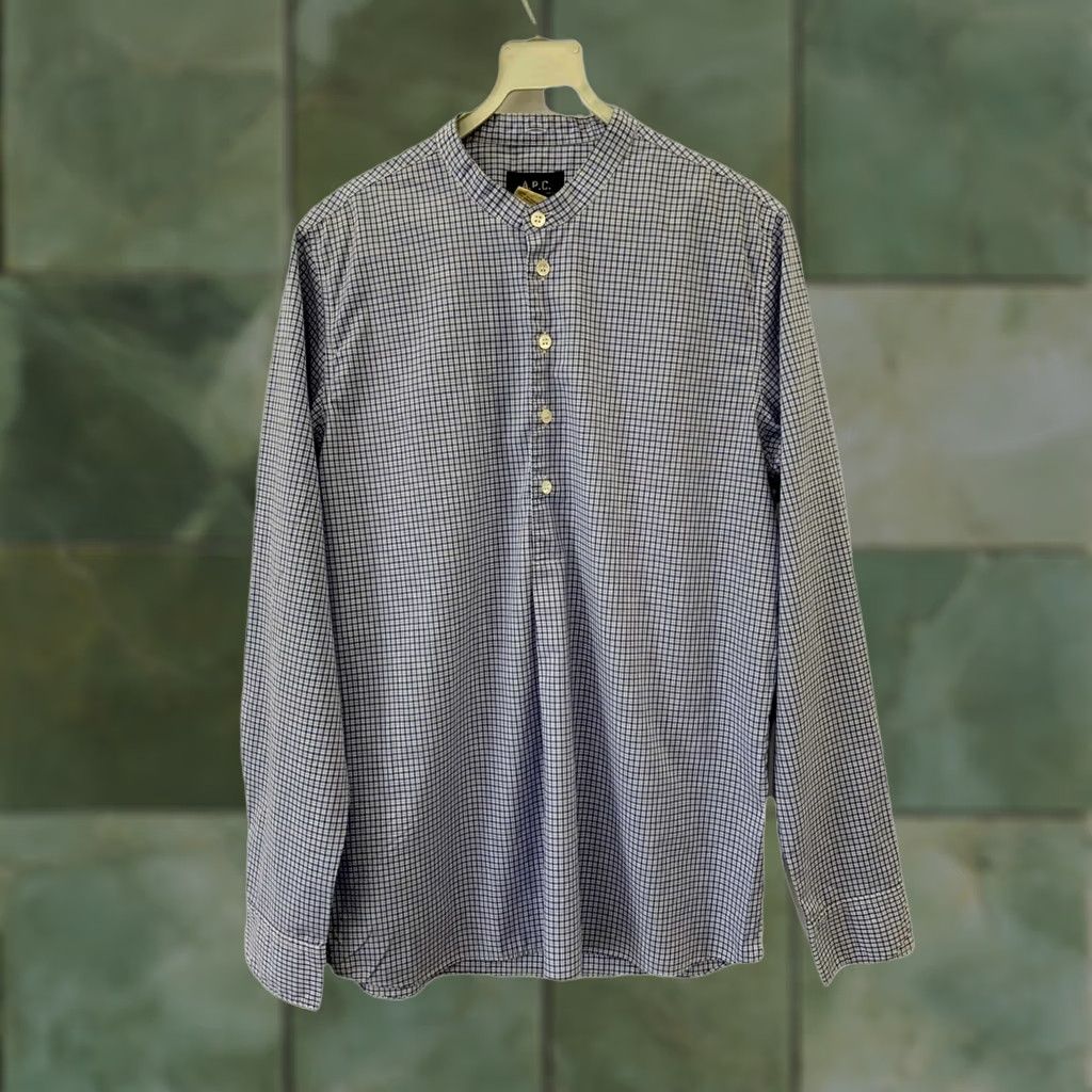 A.P.C. A.P.C. Men’s Blue Check Plaid Grandad Collar Shirt S Long Sleeve Cotton Mens Shirt Size US S / EU 44-46 / 1 - 1 Thumbnail