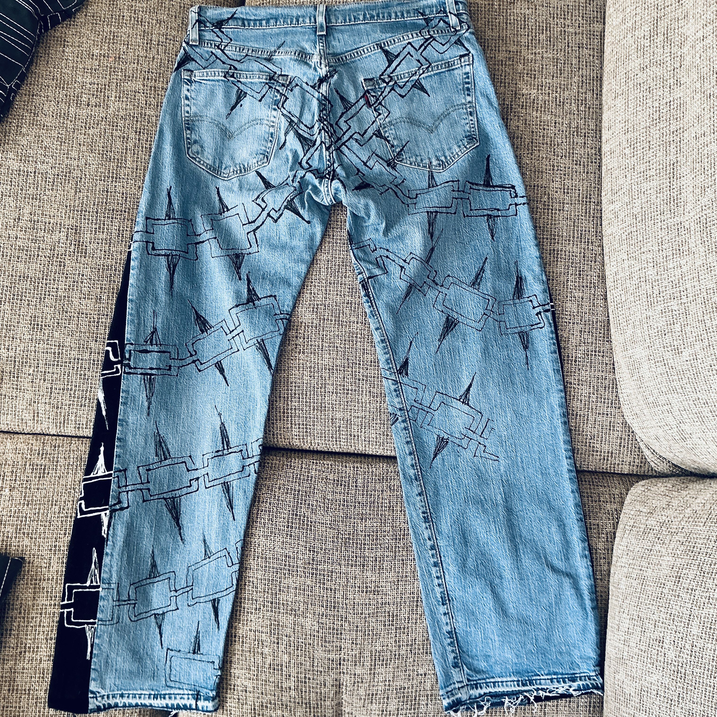Other 1/1 Custom Hand-Modified Graphic Jeans Black Panel Size L Size US 33 - 2 Thumbnail