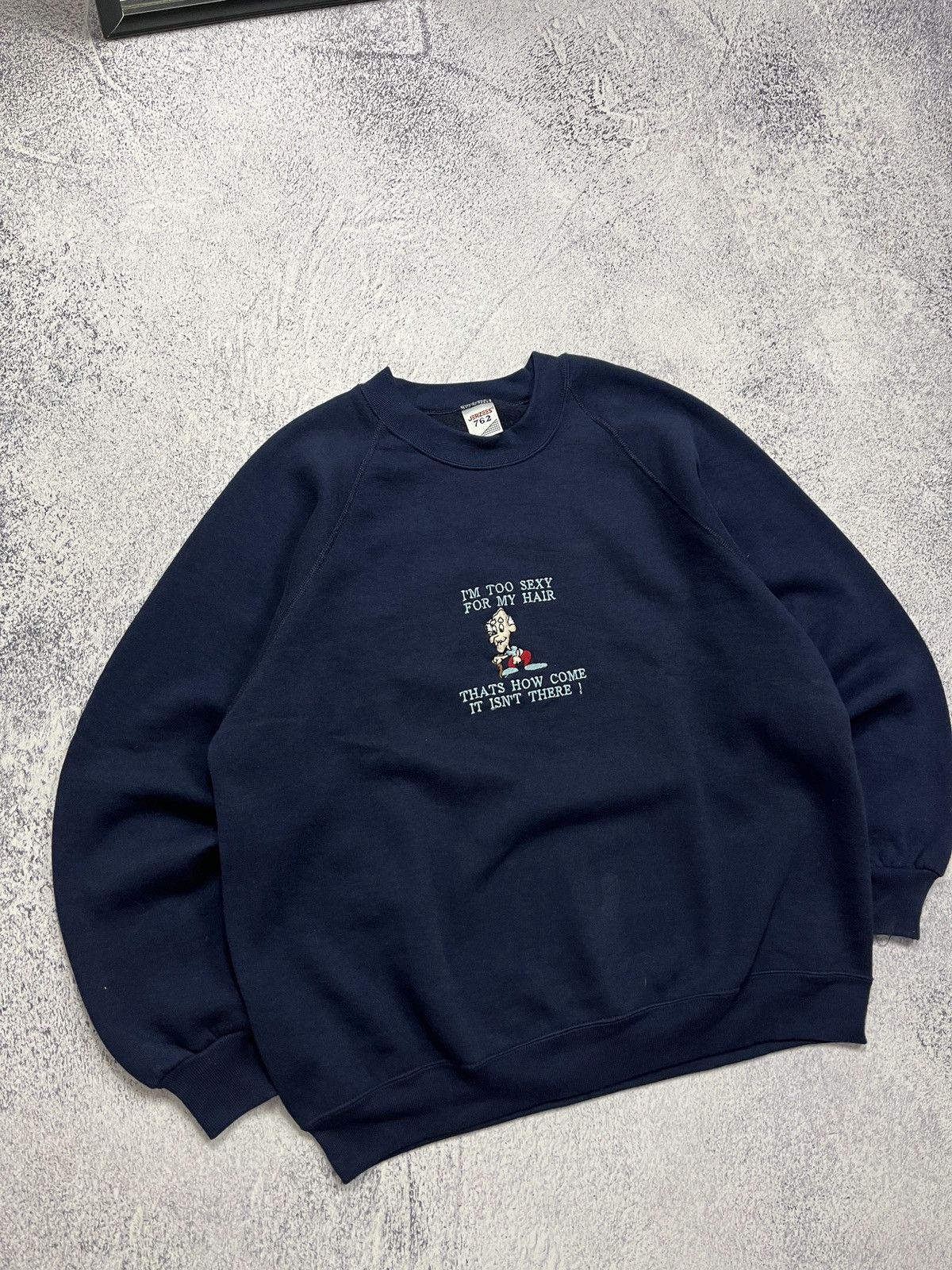 Jerzees × Russell Athletic × Vintage Vintage Funny I’m Too Sexy For My Hair Balding Sweatshirt Size US XL / EU 56 / 4 - 3 Thumbnail