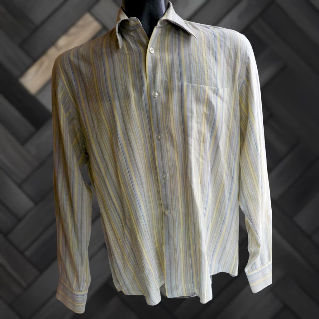 Hugo Boss Hugo Boss LS Shirt Large Yellow/Gray/Blue Cotton Linen Striped Mens Size US L / EU 52-54 / 3 - 1 Thumbnail