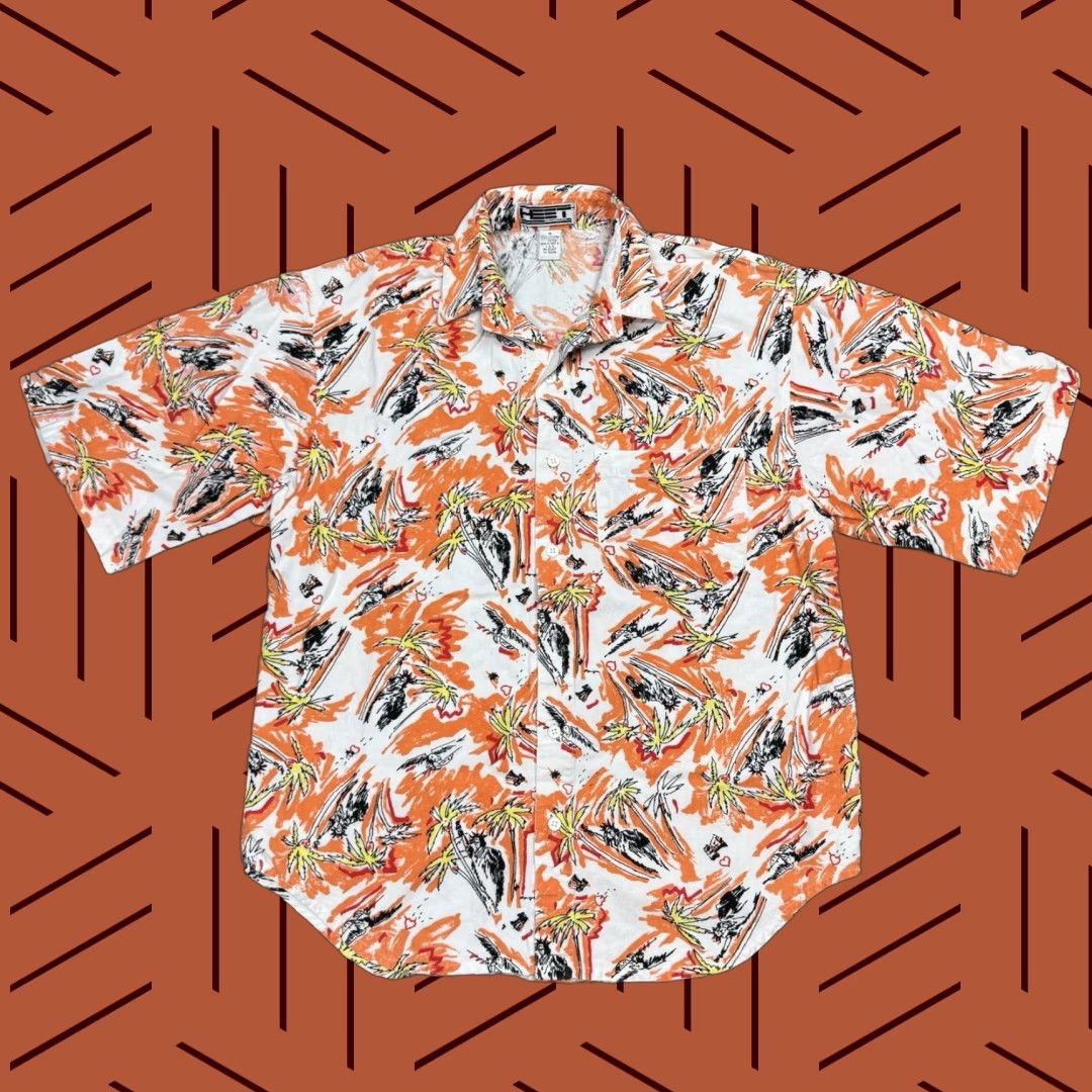 Vintage Vintage 1990s Heet Sportswear Men's Short Sleeve Button Shirt Tropical Orange Cotton NYC Statue of Liberty Summer Beach Party Size US M / EU 48-50 / 2 - 1 Thumbnail