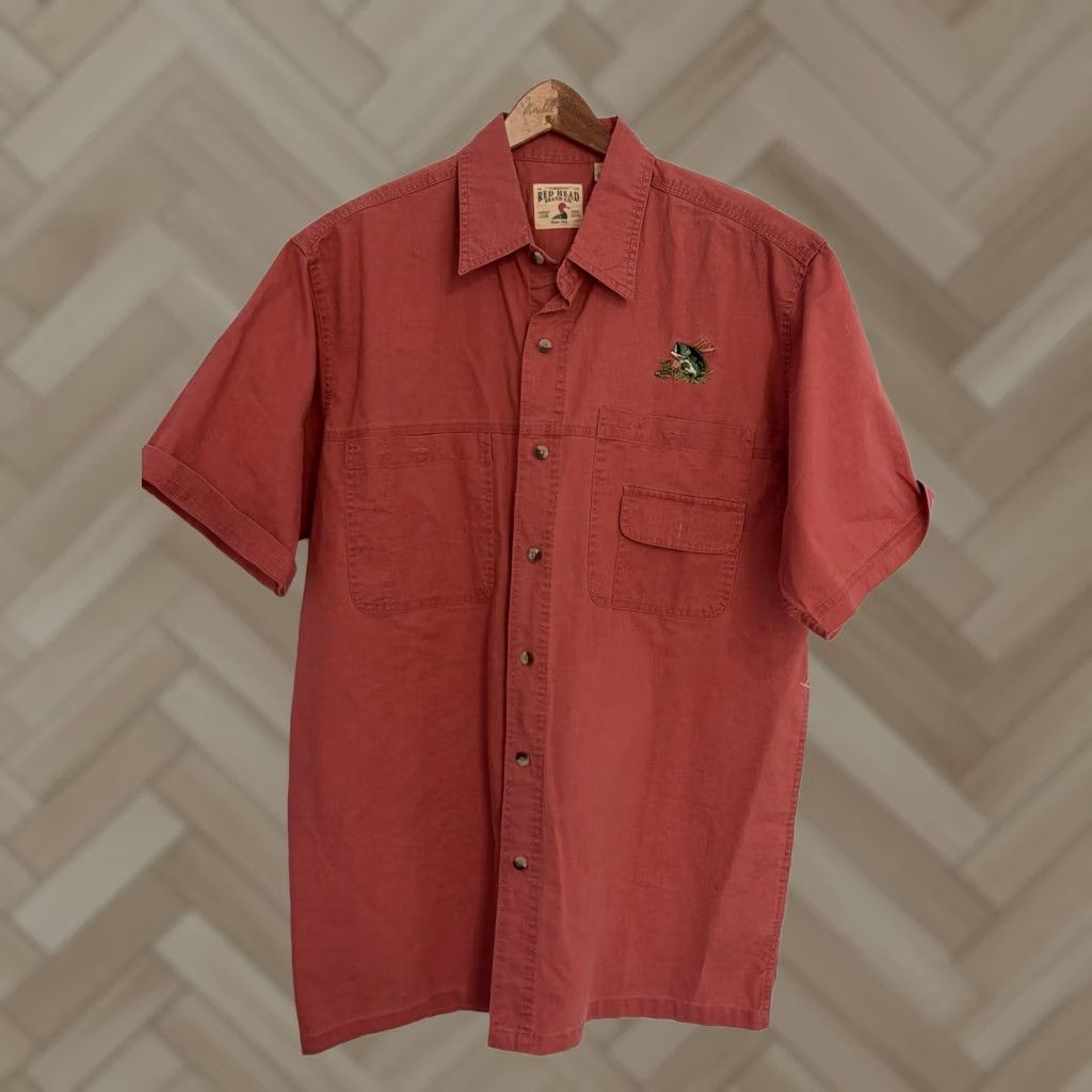 Vintage VINTAGE: No RedHead Shirt Mens Red Short Sleeve Button-Down Collared Pocketed 47in Chest All Seasons Outdoor Fish Pattern Casual Workwear Travel Size US 33 - 1 Thumbnail