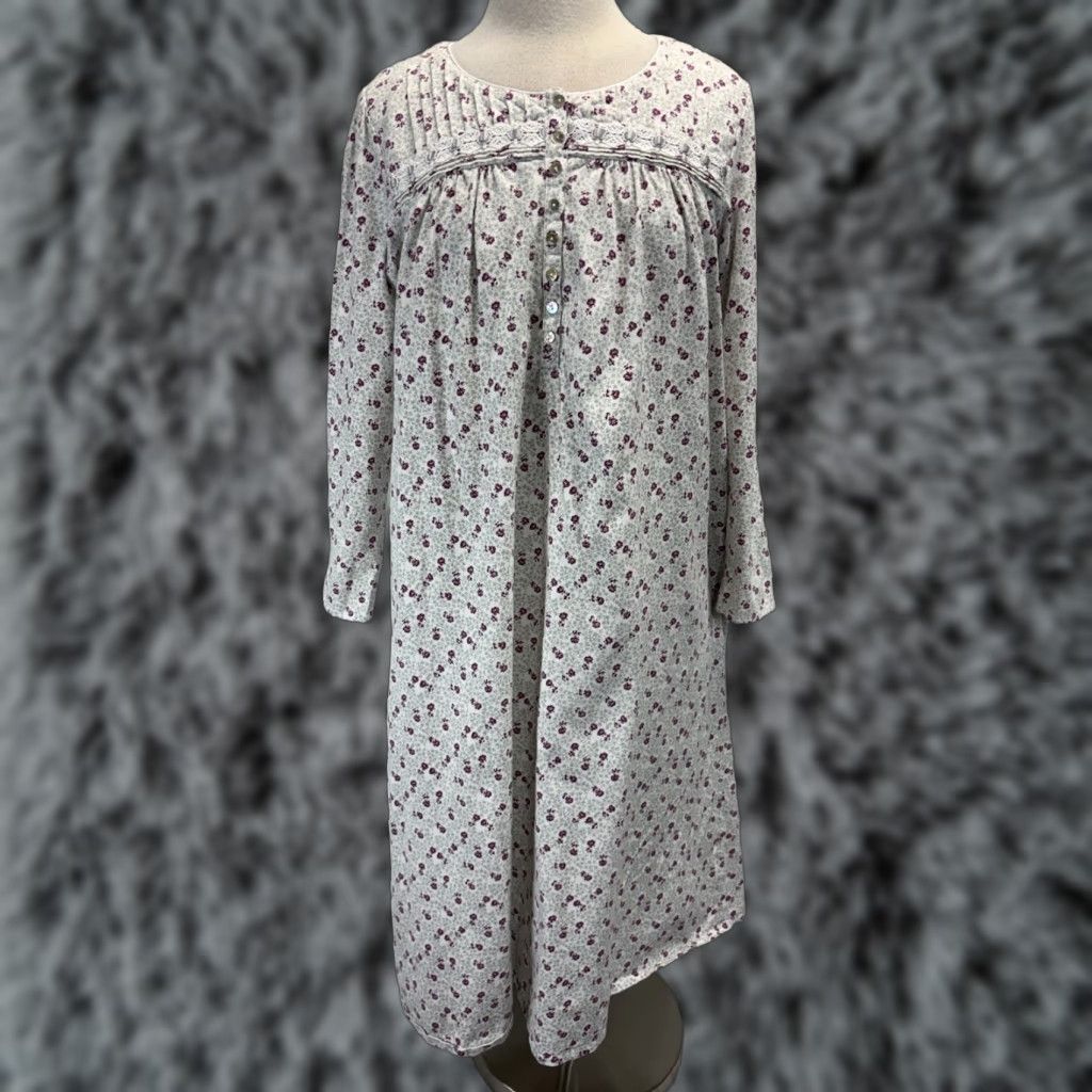 Vintage Eileen West Nightgown Long Sleeve Floral Midi Cotton Lace Trim White S Size S / US 4 / IT 40 - 1 Thumbnail