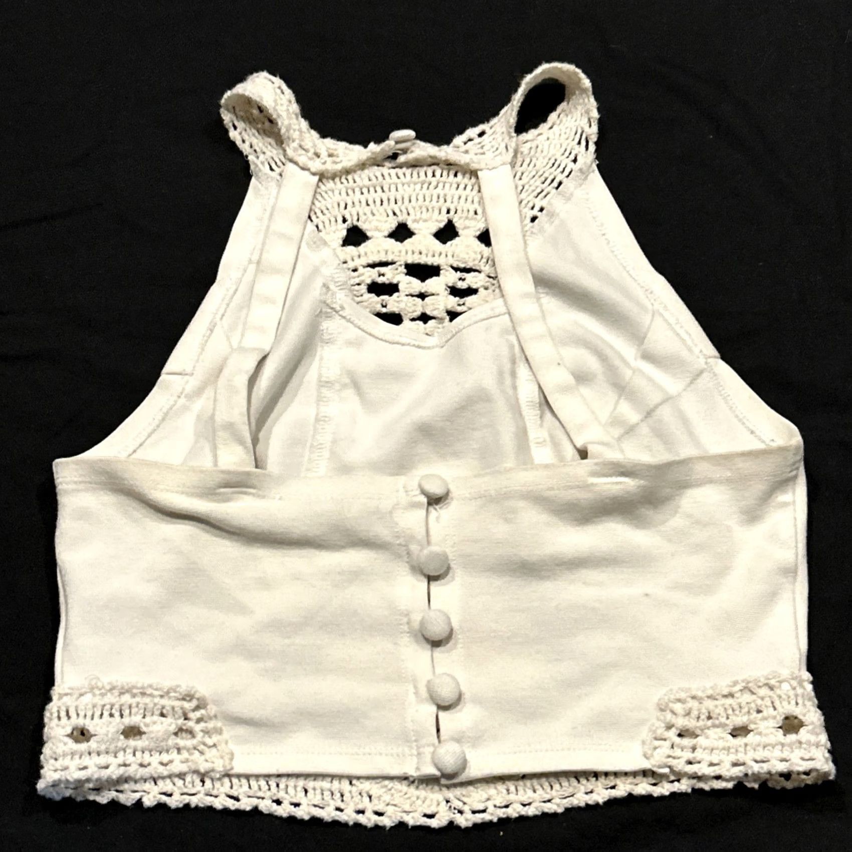 Vintage Gimmicks Crop Top Crochet Cream Halter Size S Bohemian Open Back Button B23 Size S / US 4 / IT 40 - 4 Thumbnail