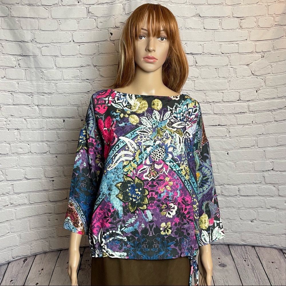 FUZZI Fuzzi 3/4-Sleeve Multi Floral-Print Drawstring Top Size 42 Size M / US 6-8 / IT 42-44 - 3 Thumbnail