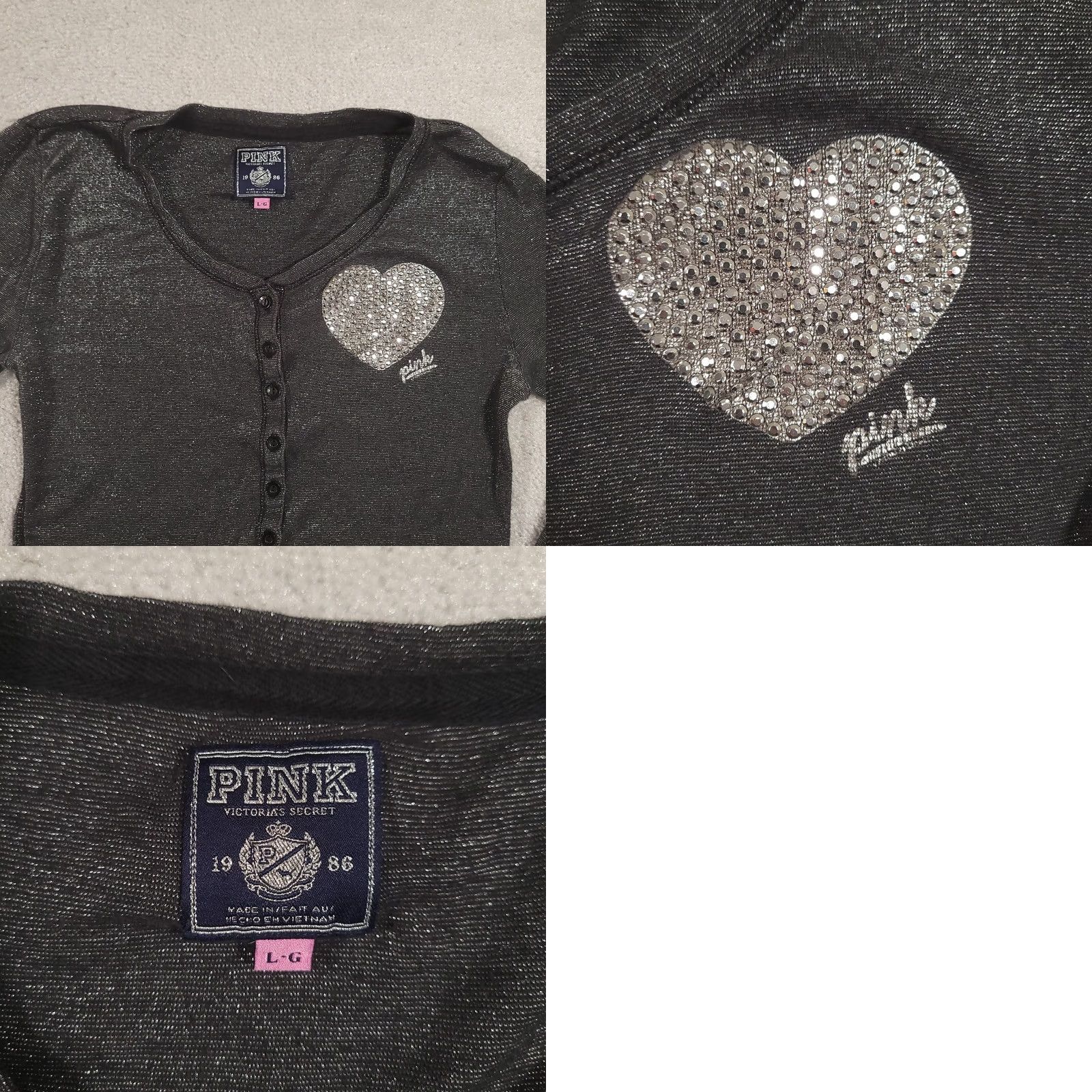 Victoria's Secret VINTAGE Victoria's Secret Pink Henley Womens L Black Heart Rhinestone Shirt Y2K Size L / US 10 / IT 46 - 8 Thumbnail