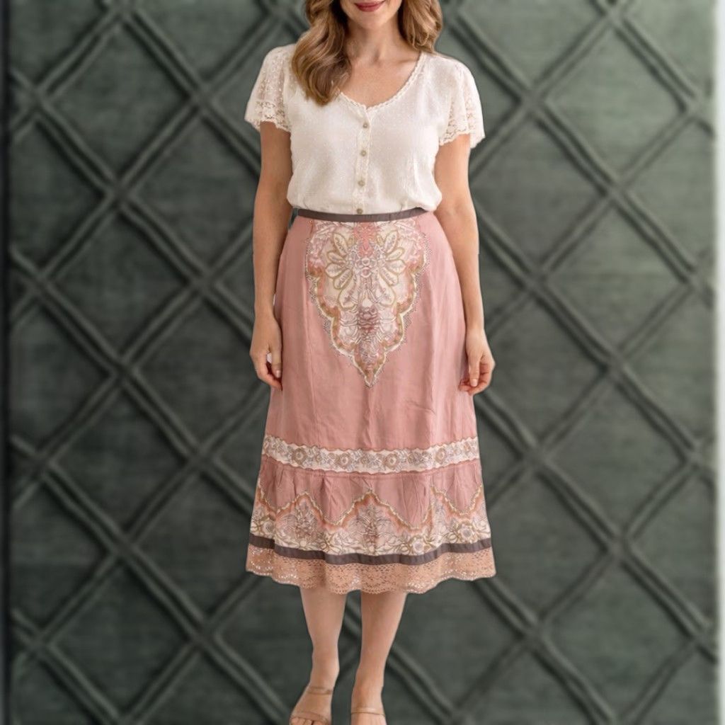 Vintage VINTAGE Plenty Cottagecore Skirt Sz 6 pink paisley crochet lace hem Shabby chic Midi A-Line Womens Size 28" / US 6 / IT 42 - 1 Thumbnail