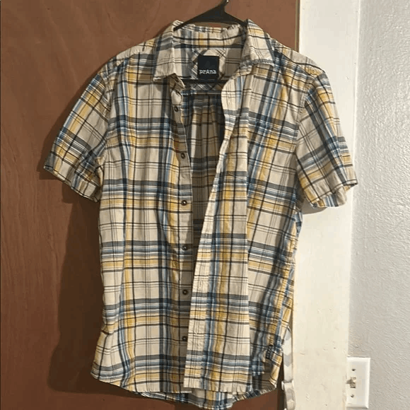 Prana PrAna Mens MED Shirt Button Up Short Sleeve Yellow Plaid Size US M / EU 48-50 / 2 - 1 Thumbnail