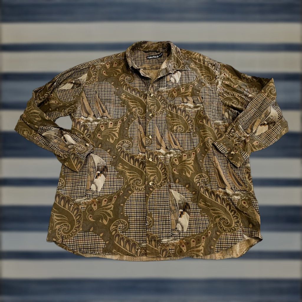 Nautica VINTAGE Nautica Shirt Long Sleeve Button-Up Mens XL Brown Paisley 90s Nautical Sailing Beach Marine Cotton Size US XL / EU 56 / 4 - 1 Thumbnail
