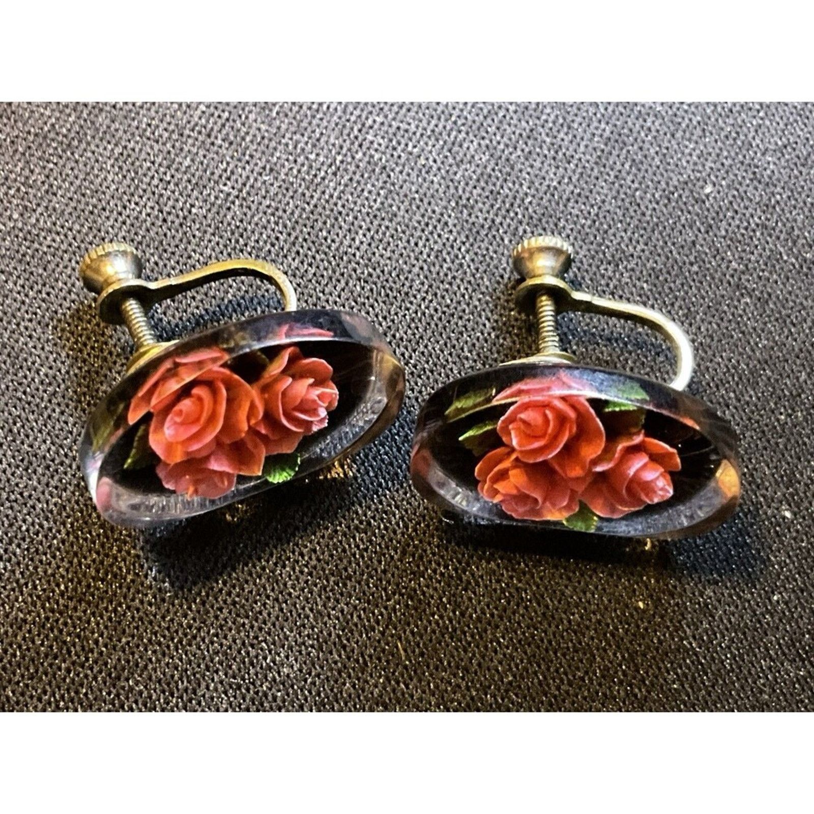 Other Vintage Reverse Carved Roses Under Resin 1930’s Screw Back Size ONE SIZE - 2 Thumbnail