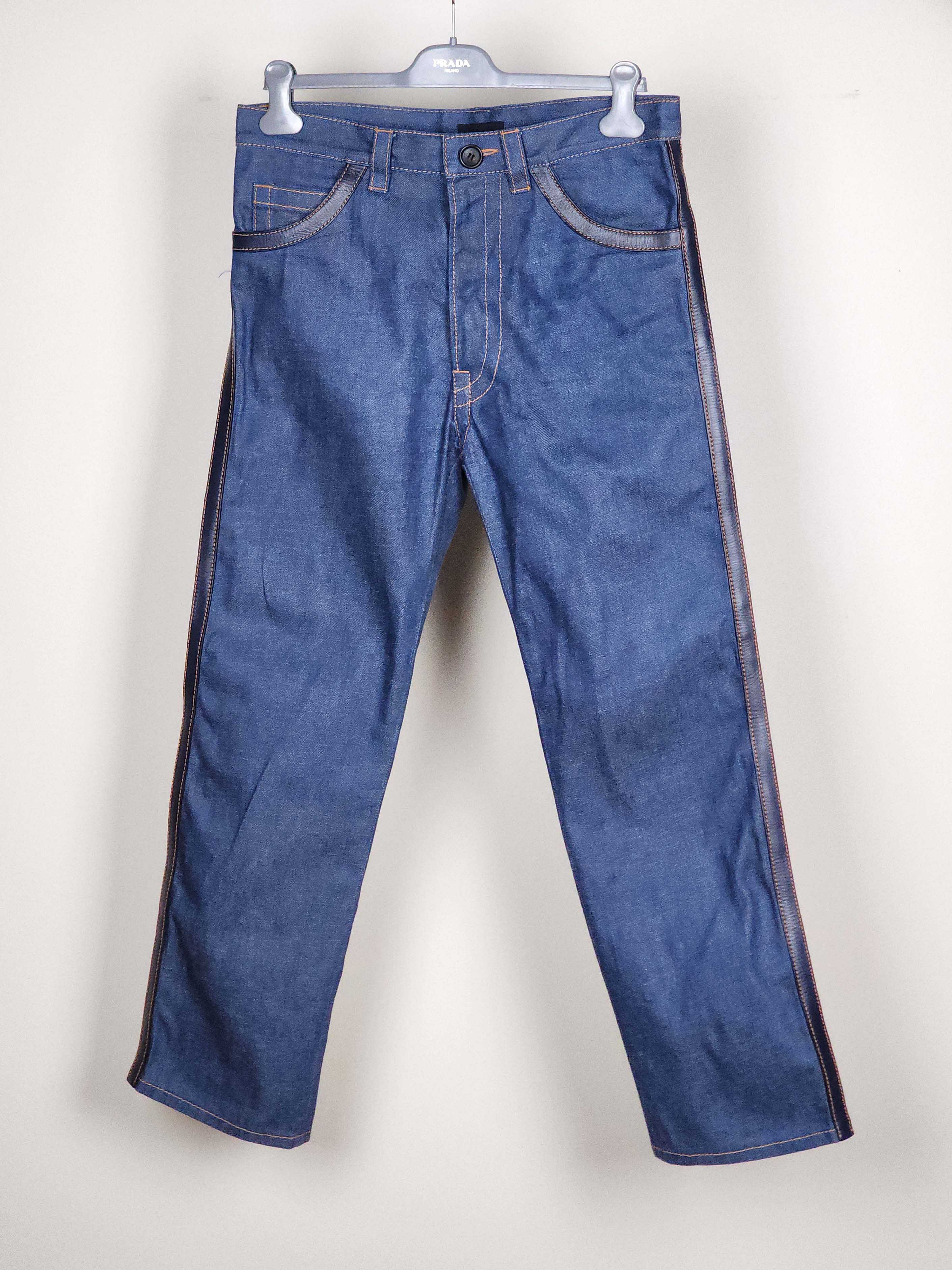 Prada S/S 2015 Unisex Navy Leather Trimmed Blue Jeans Pants Size US 34 / EU 50 - 3 Thumbnail