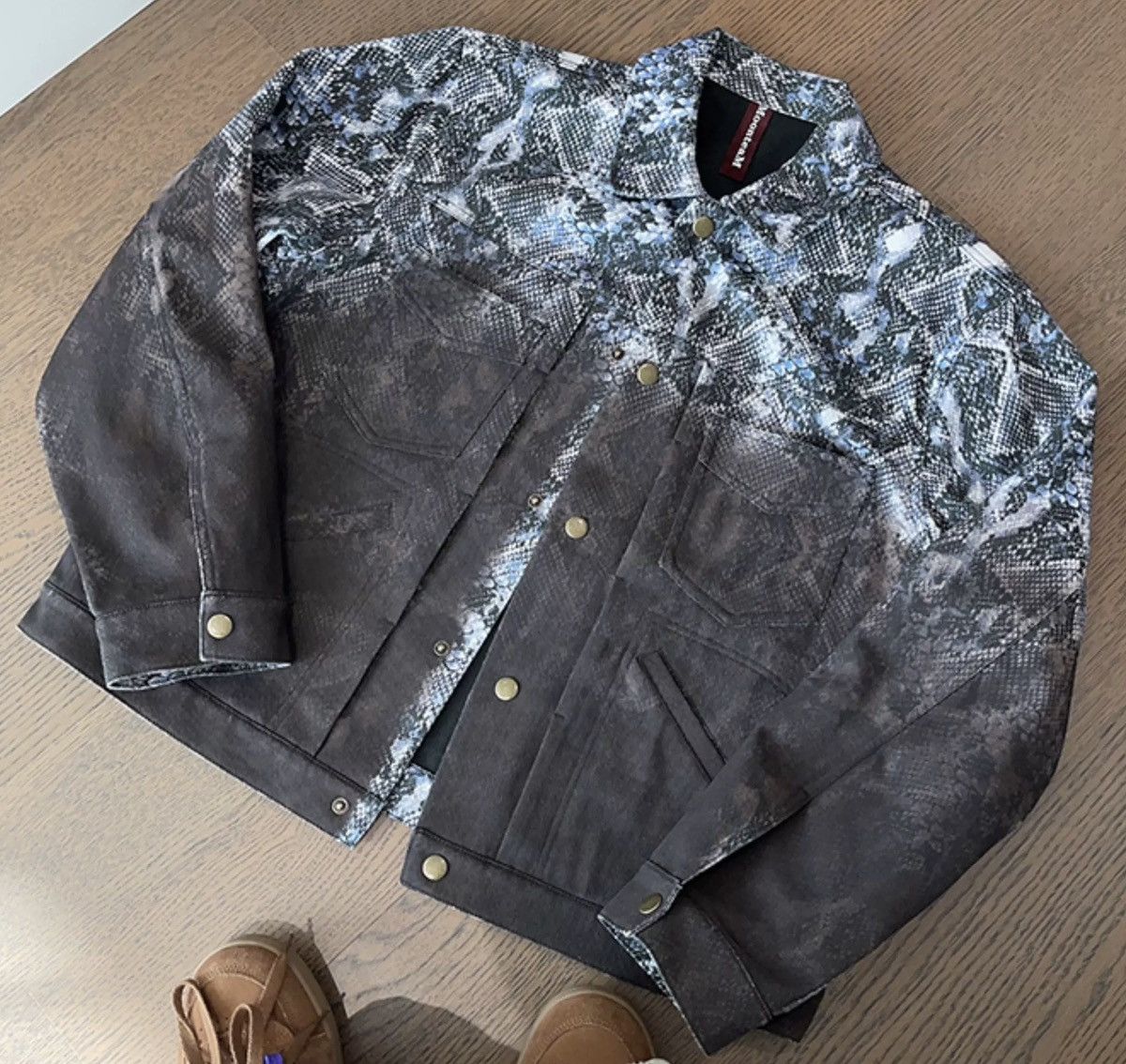 Avant garde punk snake print gradient effect trucker jacket