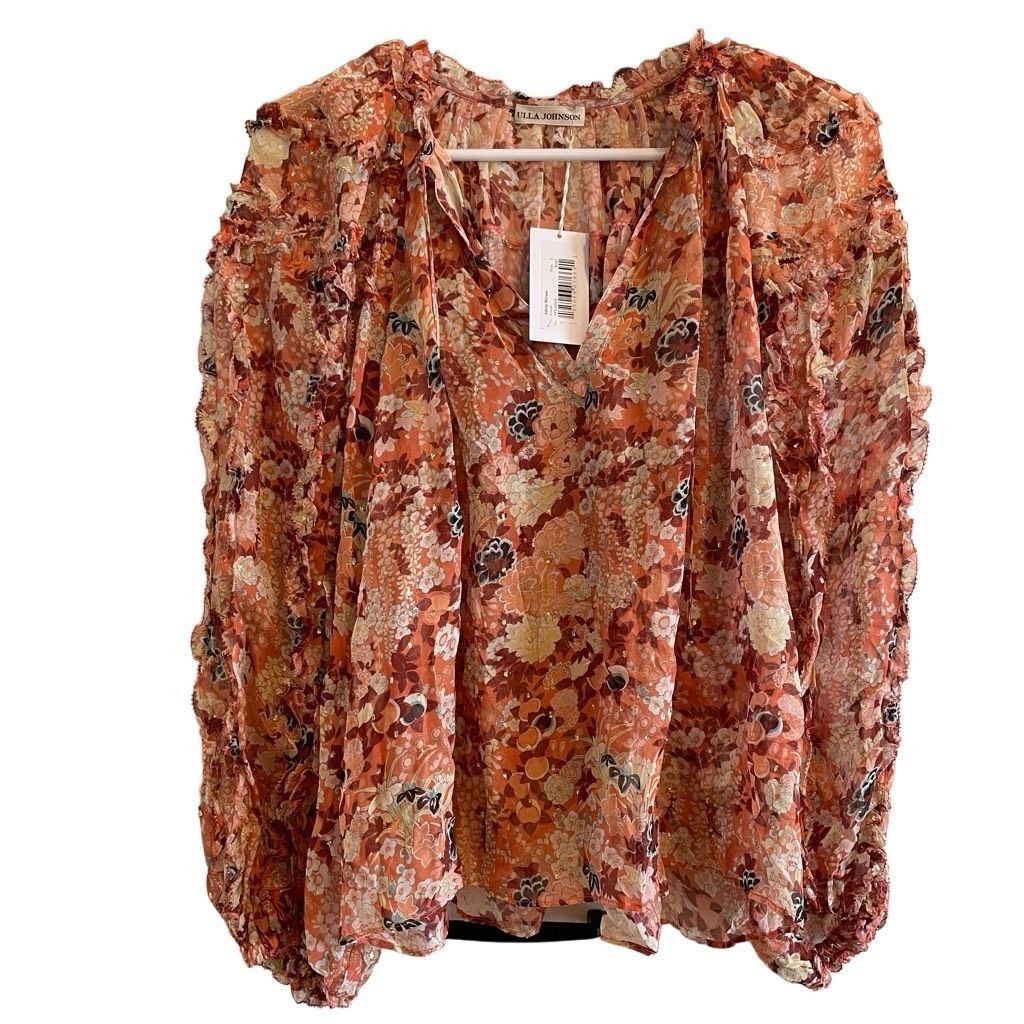 image of Ulla Johnson Top Size 4 Adela Blouse Metallic Floral Print Orange Coral Nwt, Women's