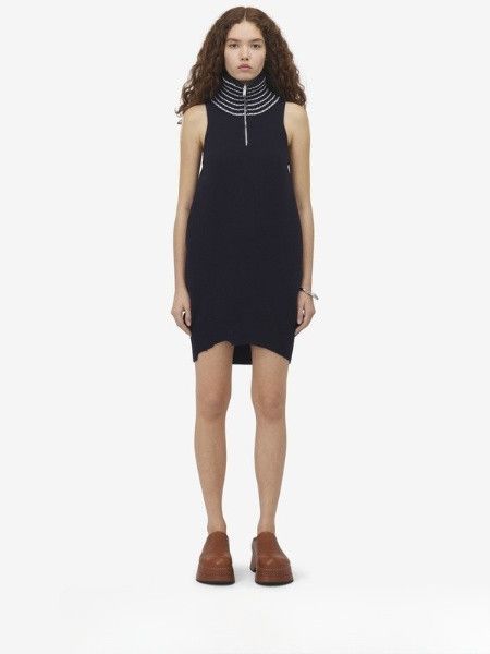 Alexander McQueen o1srvl11e0326 Knitted Mini Dress in Navy Size L / US 10 / IT 46 - 2 Thumbnail