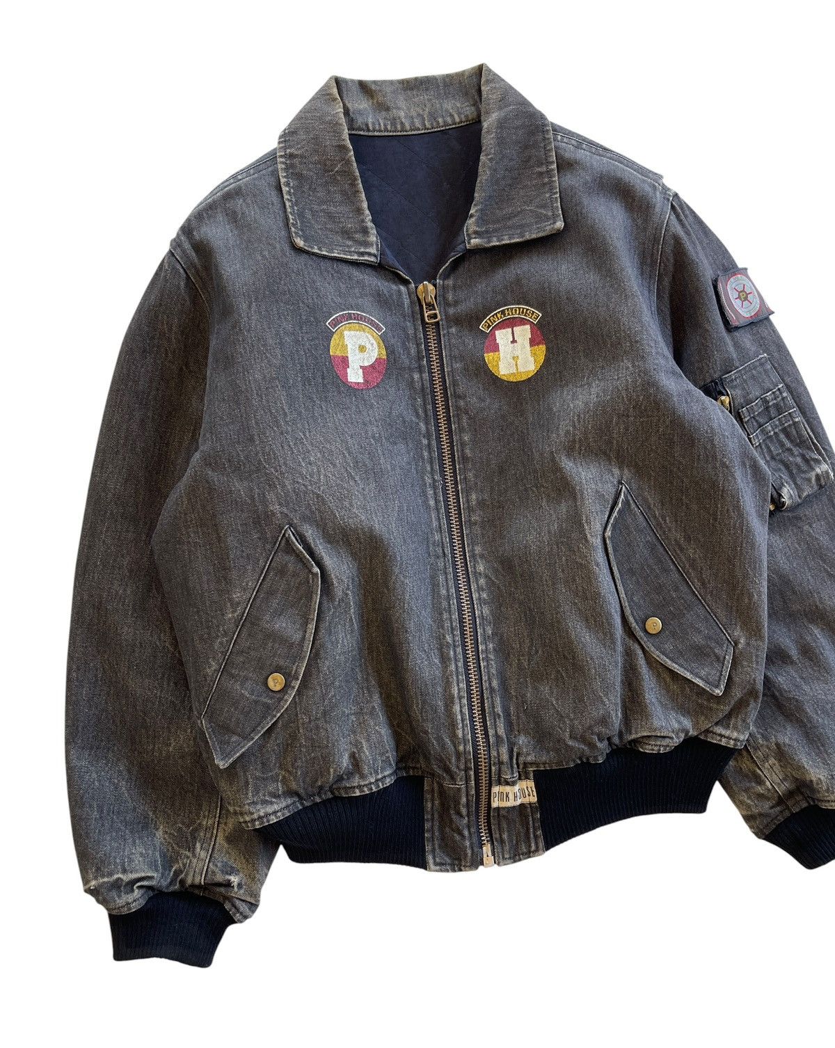 Pink House 1980s Washed Black Denim Bomber Jacket Size US XL / EU 56 / 4 - 5 Thumbnail