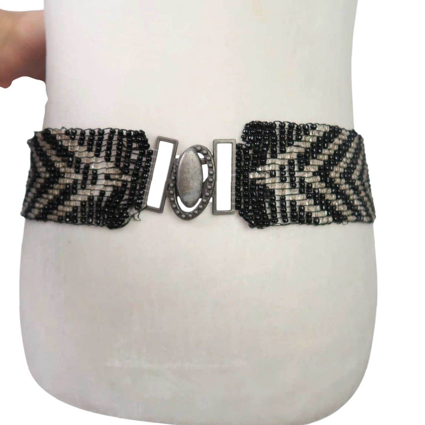 Vintage VINTAGE Black and Clear Beaded Stretchy Belt Belt L Womens Bohemian 33” stretch 2.5” width Size ONE SIZE - 4 Thumbnail
