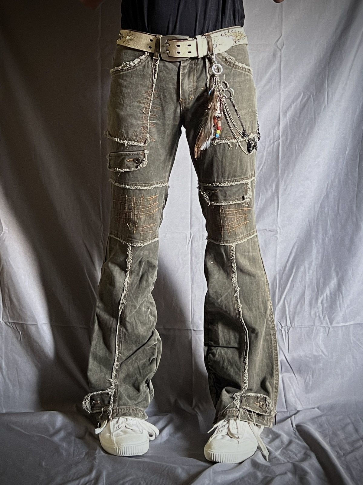 Japanese Brand Algonquins Visual Kei Mohawk Skeleton Distressed Flare Jeans Size US 31 - 3 Thumbnail