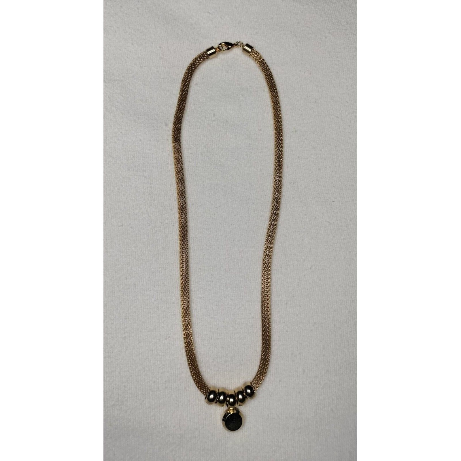 Vintage Gold Tone Metal Mesh Tube Necklace Ring Stoned Pendant Circa Size ONE SIZE - 21 Thumbnail
