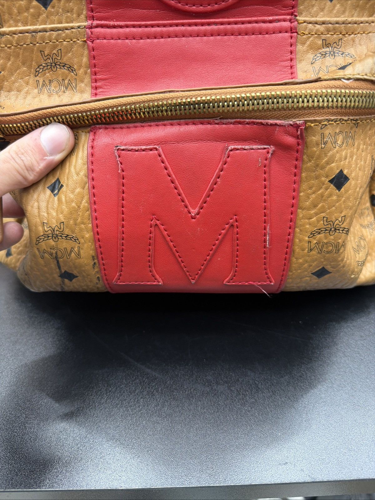 MCM MCM Visetos Medium Stark Logo Stripe Backpack Cognac Red Size ONE SIZE - 12 Thumbnail