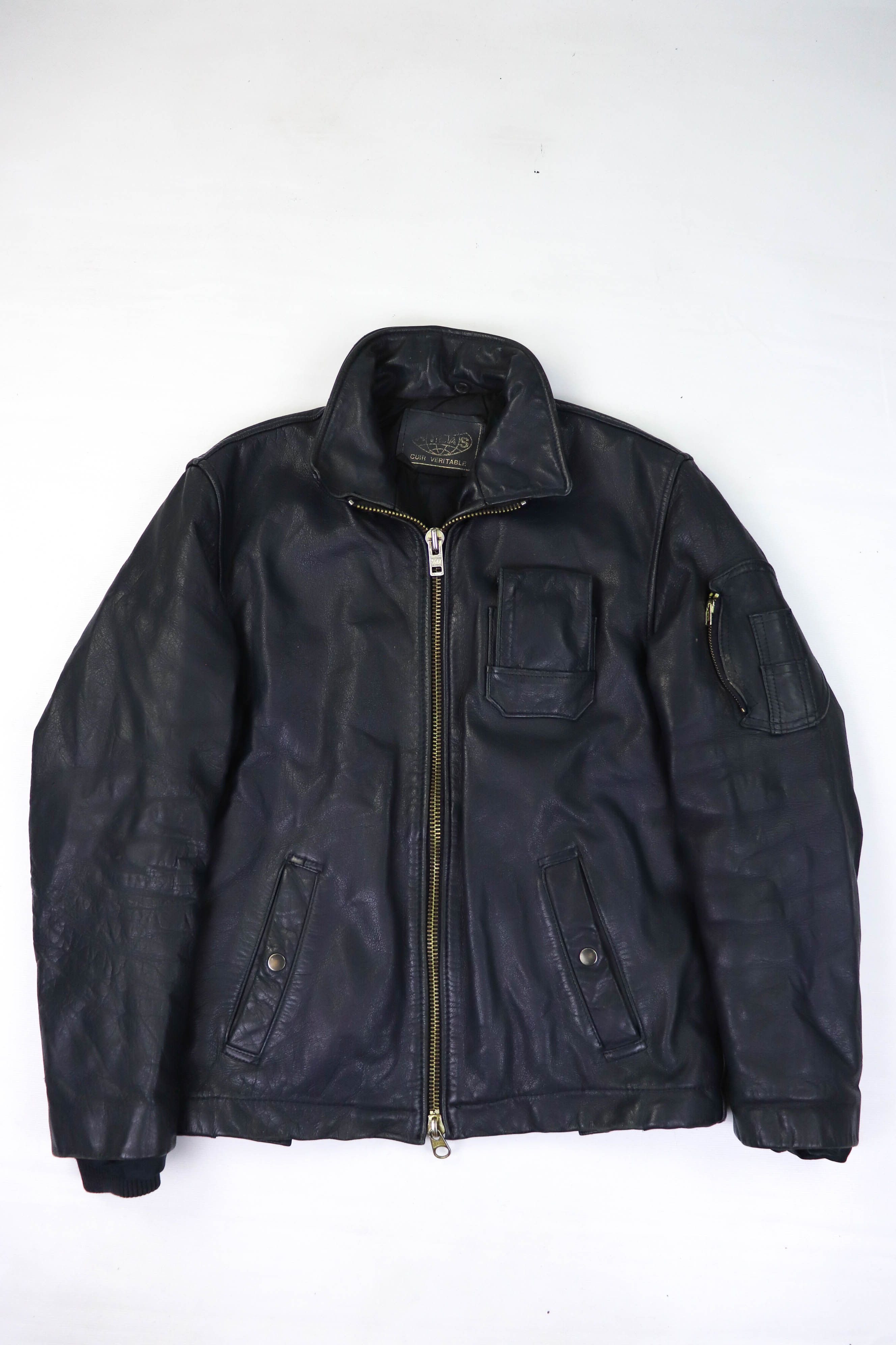 80s Vintage French Army Pilot Flight Leather Bomber Jacket
