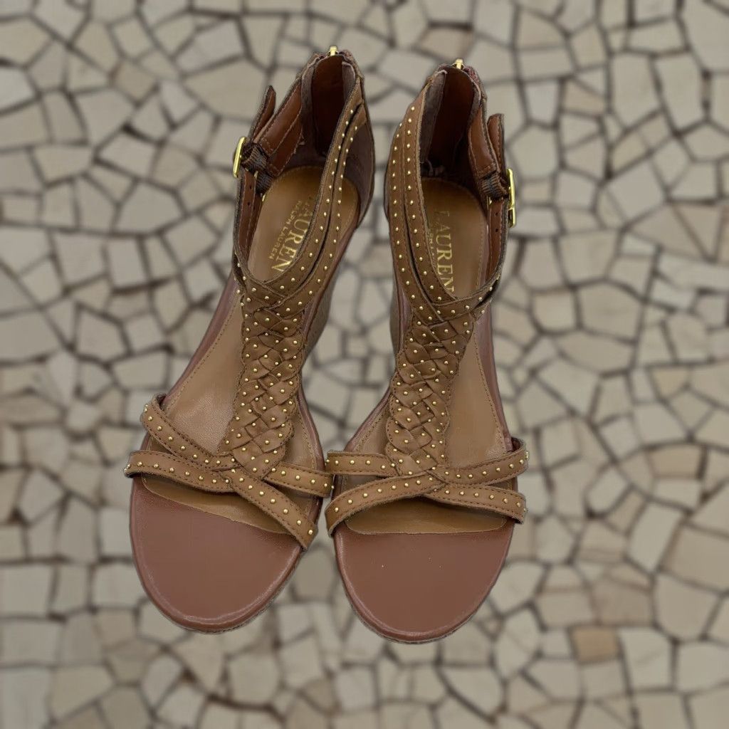 Lauren Ralph Laurent Quanita Brown Leather Studded Wedge Heel Shoes Size 6.5B Womens