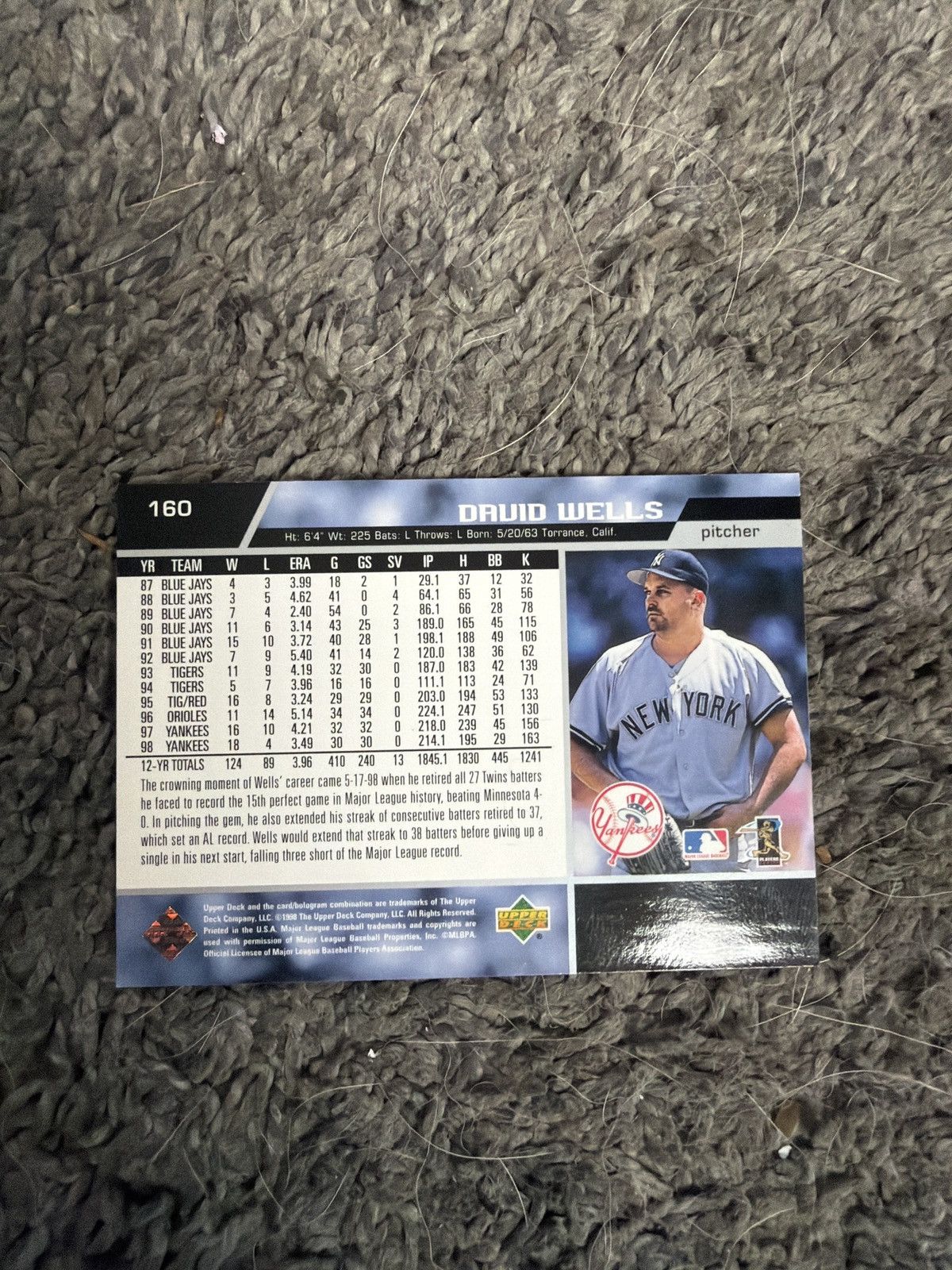 New York Yankees 1998 Upper Deck #160 David Wells Card Size ONE SIZE - 2 Thumbnail