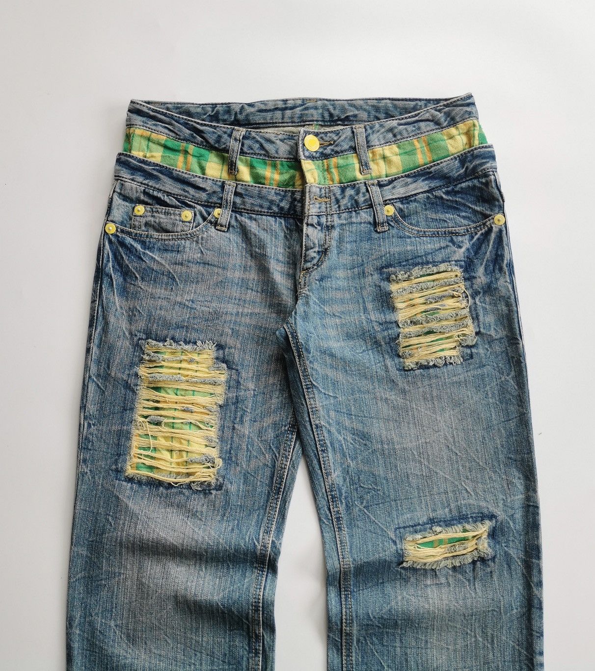 Japanese Brand Double Waist Patchwork Green Denim Jeans Size US 32 / EU 48 - 3 Thumbnail