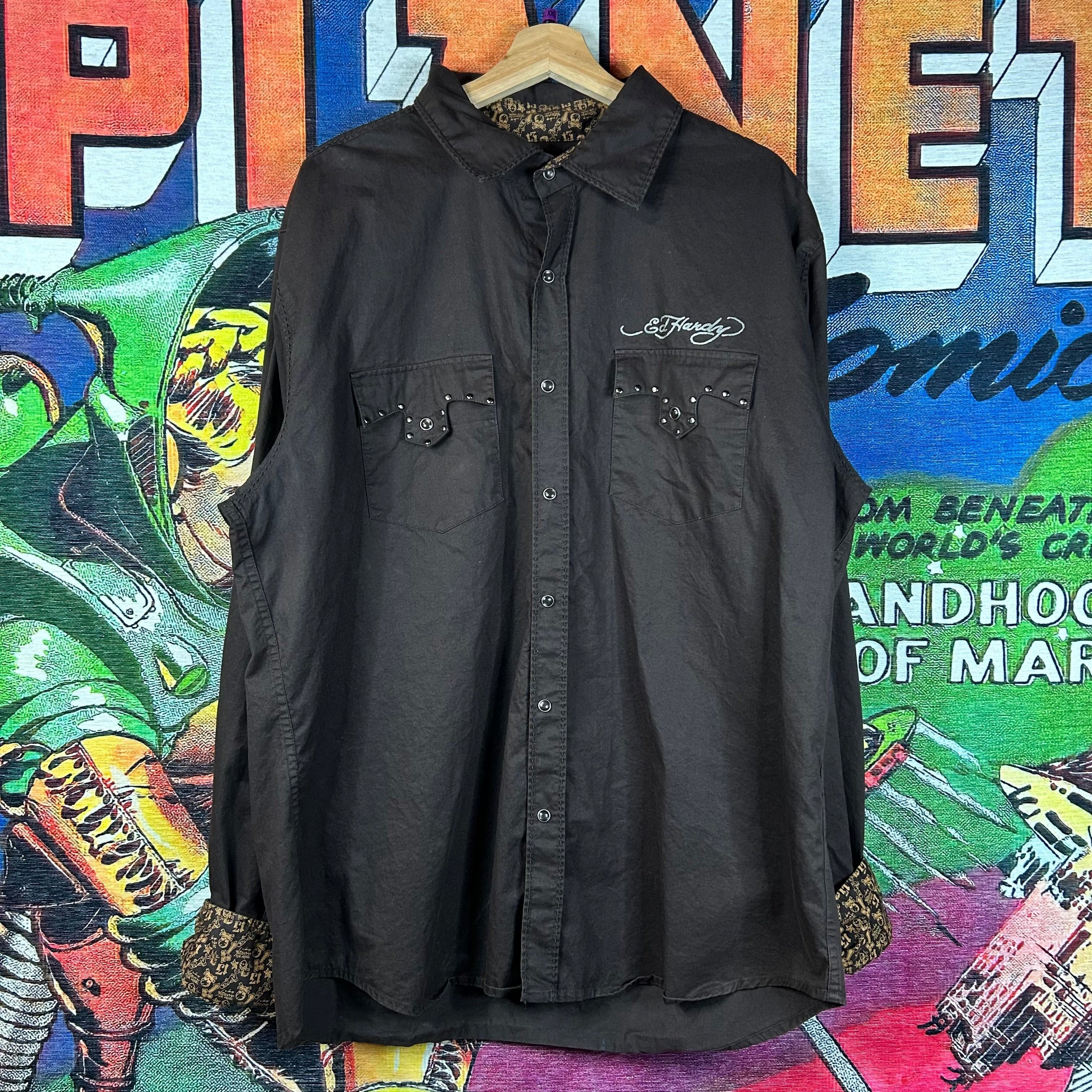Ed Hardy × Vintage Ed Hardy Christian Audigier Brown Pearl Snap Shirt Size 2XL Size US XXL / EU 58 / 5 - 2 Thumbnail