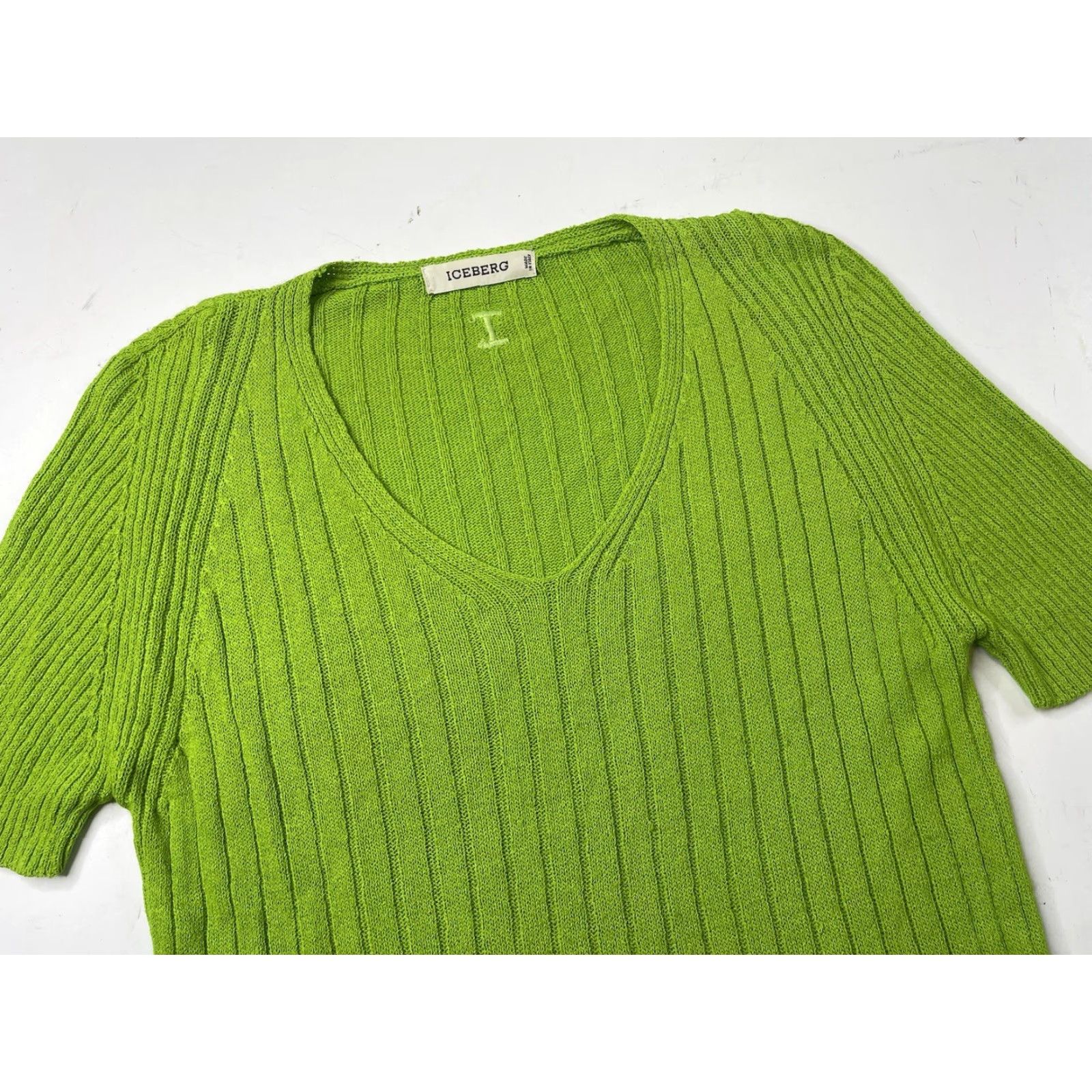 Vintage VINTAGE Iceberg Jumper Shirt Women Short Sleeve Green Striped V-Neck Size 44 90s 00s Womens Size M / US 6-8 / IT 42-44 - 2 Thumbnail