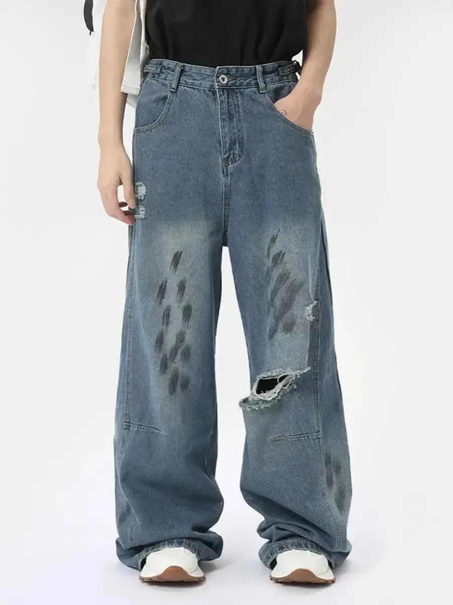Japanese Brand Retro loose straight leg ripped jeans Size US 32 / EU 48 - 3 Thumbnail